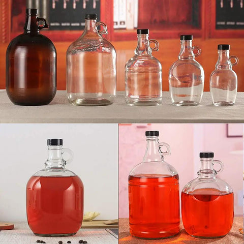 12 Pack 38mm Growler Caps With Durable Poly Seal Lids For Half Gallon And One Gallon Glass Jugs Replacement Tops For Homebrew Beer And Wine Making For Your Brew Scene Black displayed on various glass jugs.