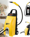 QianCruxtacy Handheld Steam Cleaner With 3.5L Tank, yellow unit with hose, for cleaning high chairs and upholstery.