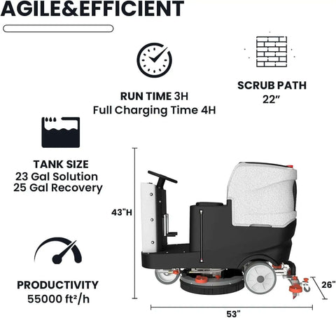 Micro Ride On Floor Scrubber Dryer Kit 22 Inch Cleaning Path 25 Gallon Capacity Up To 55,000 Sq Ft Per Hour side view