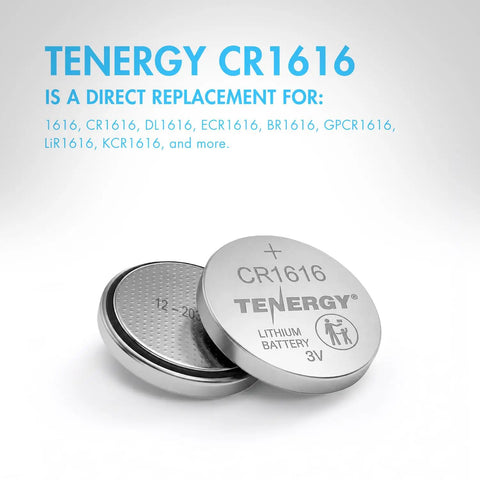 Top Shelf CR1616 3V Lithium Coin Cell Batteries 5 Pack Ready To Go Button Cells showing two CR1616 lithium batteries.