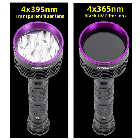 Beast Mode 20W 365nm UV Flashlight With USB Rechargeable Battery Battery Included Black Light shown with two filter lenses