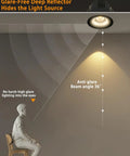 Sublimation 3 inch 5CCT Anti-Glare Led Recessed Lights with deep reflector design and anti-glare beam angle 36° above seated figure.