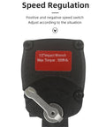 Rugged 1/2 Inch Drive Pneumatic Impact Wrench And Hammer Kit Delivers 610 Nm Of Mean Performance showing speed regulation switch and torque details.