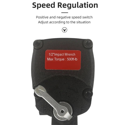 Rugged 1/2 Inch Drive Pneumatic Impact Wrench And Hammer Kit Delivers 610 Nm Of Mean Performance showing speed regulation switch and torque details.