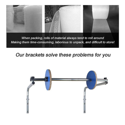 Heavy Duty Wall Mount Bubble Wrap Dispenser Features Solid Galvanized Steel Rack showing how to hold large cushioning rolls securely.