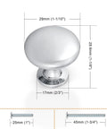 Polished Chrome Cabinet Knobs 5 Pack Round Furniture Knobs 1-3/16 Inch Diameter with detailed measurement diagram