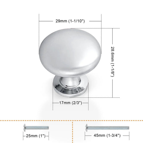 Polished Chrome Cabinet Knobs 5 Pack Round Furniture Knobs 1-3/16 Inch Diameter with detailed measurement diagram