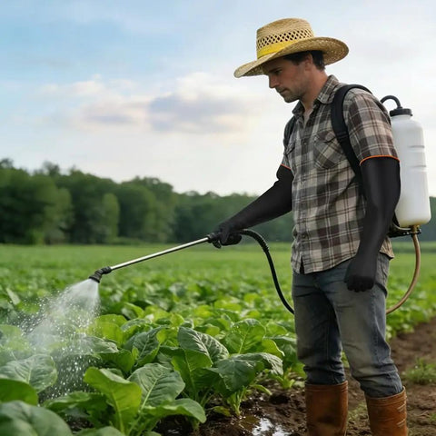 Man using Tough As Nails 22 Inch Heavy Duty Rubber Gloves For Household Chores And Professional Cleaning Reusable Chemical Resistant Safety Gear With Ergonomic Comfort Fit while spraying crops.