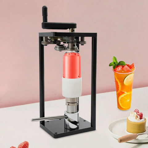 Top Shelf Manual Jar Sealer For 55Mm Soda Pots With Heavy Steel Build and Smooth Rotary Winder in use.