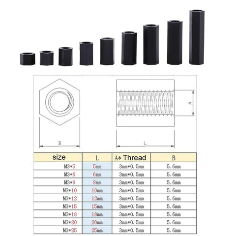 Order 100 M3 Female To Female Hex Nylon Standoff Spacers Black Pillars For Circuits And Machinery Mounting dimensions and sizes chart