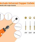 Heavy Duty 448 Piece Rotary Tool Accessory Kit With Sleek Carry Case showing universal copper collets and bits for multiple uses.