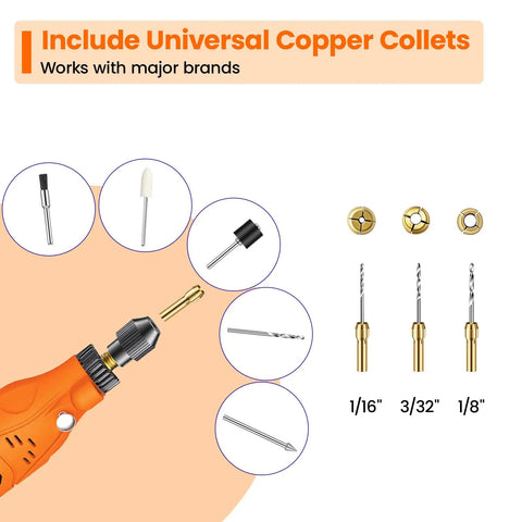 Heavy Duty 448 Piece Rotary Tool Accessory Kit With Sleek Carry Case showing universal copper collets and bits for multiple uses.