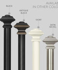 Square Design Curtain Rod Set With Telescoping 72 To 144 Inch Extension One And One Eighth Inch Diameter Black Finish Heavy Duty Drapery Rod With All Mounting Hardware For A No Fuss Install in various colors including black, antique black, ivory, and satin nickel