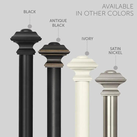 Square Design Curtain Rod Set With Telescoping 72 To 144 Inch Extension One And One Eighth Inch Diameter Black Finish Heavy Duty Drapery Rod With All Mounting Hardware For A No Fuss Install in various colors including black, antique black, ivory, and satin nickel