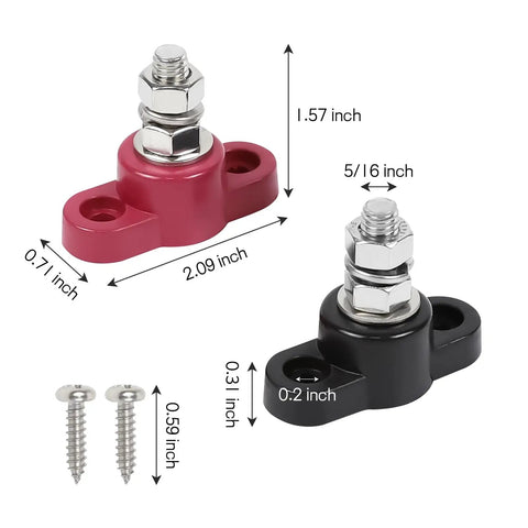 Two Pack Insulated Battery Terminal Block With Single Stud Posts For 12 Volt Systems Five Sixteenth Inch Cable Junction Block Distribution Busbar For Cars Boats And Marine Rigs Positive And Negative Posts, red and black