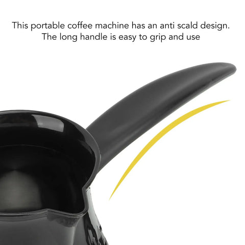 Close-up of Go To Electric Coffee Maker 600ml Portable Stainless Steel Pot with anti-scald removable long handle.