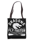 Black tote bag with 'Dragons Fly Faster Together' design, ideal for Dragon Boat Paddler Tote Bag for Dragonboat Racing Teams and Festivals Durable Carryall with Comfortable Straps Ideal for Paddling Practice Race Day and Team Gear.
