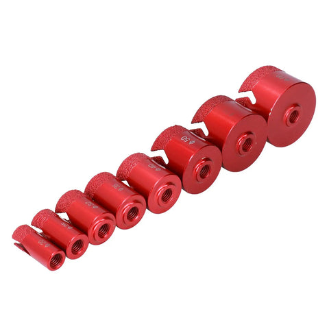 Eight Piece Diamond Hole Saw Drill Bit Set With M14 Thread For Glass Tile Marble Granite Ceramic Dry Drilling Kit ranging from 20mm to 68mm, red drill bits