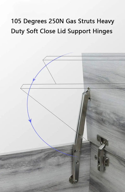 Soft Close Lid Support System With 250N Gas Struts, Heavy Duty Hinges on cabinet, showing automatic slow lowering mechanism