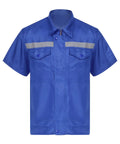Men's Rugged As Nails Short Sleeve Work Jacket With Reflective Safety Stripes Heavy Duty Industrial Mechanic Uniform Zip Front Turn Down Collar Day Shift Shop Gear Blue 4XL, front view, blue fabric, button flap pockets.