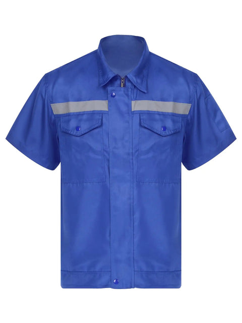 Men's Rugged As Nails Short Sleeve Work Jacket With Reflective Safety Stripes Heavy Duty Industrial Mechanic Uniform Zip Front Turn Down Collar Day Shift Shop Gear Blue 4XL, front view, blue fabric, button flap pockets.