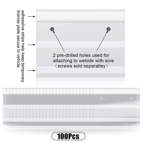 100 Pack Temporary License Plate Sleeves With Adhesive, Clear Plastic Bags For Dealer Cars, Durable 8 Mil Protectors, diagram showing adhesive strips and holes, 11.8x7.5 inches.