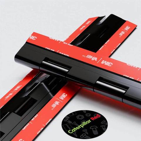 Four Pack Black Acrylic Piano Hinges 300 mm Self Adhesive Heavy Duty Cabinet Hardware with red adhesive backing.