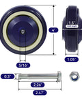 4 Inch Polyurethane Shopping Cart Wheels Replacement Casters Set Of 4 With 1200 Lbs Total Load Capacity Silent Shock Absorbing No Marking Ideal For Cart Furniture Utility Carts Durable And Quiet Rolling For Heavy Duty Use image showing wheel dimensions.