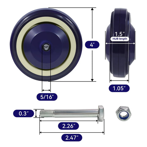 4 Inch Polyurethane Shopping Cart Wheels Replacement Casters Set Of 4 With 1200 Lbs Total Load Capacity Silent Shock Absorbing No Marking Ideal For Cart Furniture Utility Carts Durable And Quiet Rolling For Heavy Duty Use image showing wheel dimensions.