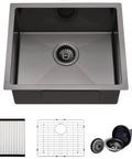 Built To Last 16 Gauge Black Stainless Steel Undermount Kitchen Bar Sink 20 By 17 By 9 Inches with accessories, top view