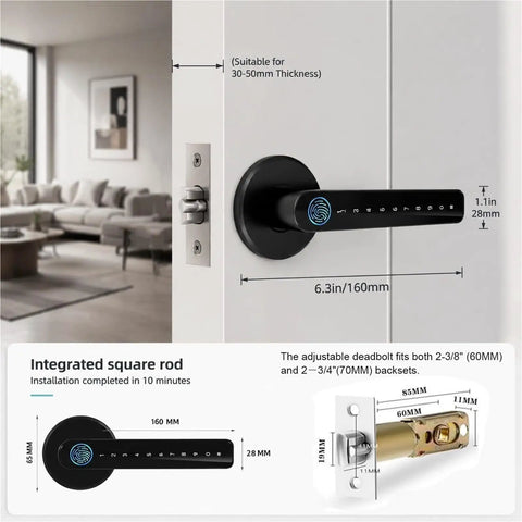 Rock Solid 5 In 1 Fingerprint Smart Lock With Keyless Deadbolt Setup, showing dimensions and installation on a door.