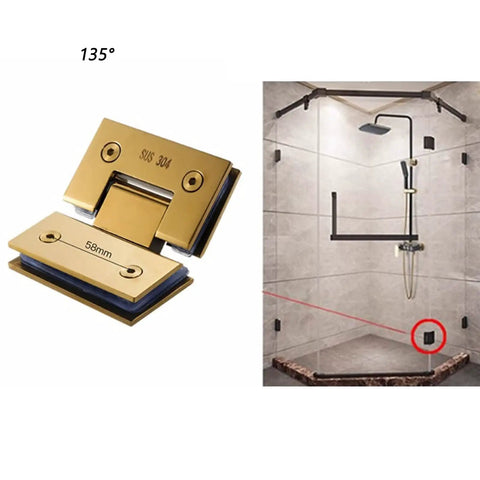 Heavy Duty 135 Degree Glass Door Hinge With Dope Brushed Gold Finish And Rust Resistant 304 Stainless Steel for shower installation.