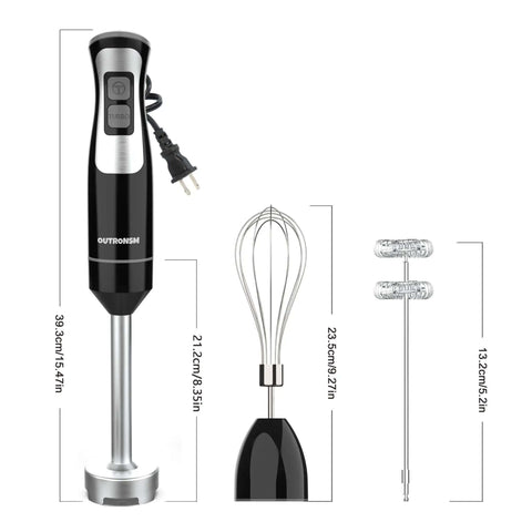 No Fuss Handheld Immersion Blender Built With Heavy Duty Stainless Steel Blades And Quick Release Milk Frother Plus Egg Whisk Tool dimensions and accessories view