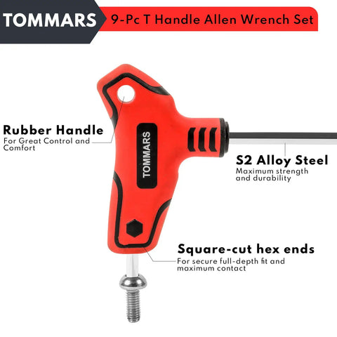 Nine Piece T Handle Hex Key Set With Ball End, Metric 2mm To 10mm, S2 Steel, red rubber handle with square-cut hex end visible.