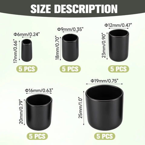 Dope Five Size Black Vinyl Round End Caps Kit For Metal Tubes And Rods, showing different sizes in mm and inches with 5 pcs each