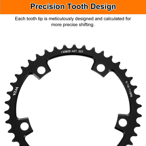 Close-up of 42T 130 BCD Aluminum Narrow Wide Chainring for Road Bikes CNC Machined 174mm showing precision tooth design.
