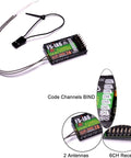 FS IA6 Receiver for Beefy Rock Solid AFHDS 2A 2.4GHz 6CH RC Transmitter with dual antennas and channel binding details visible.