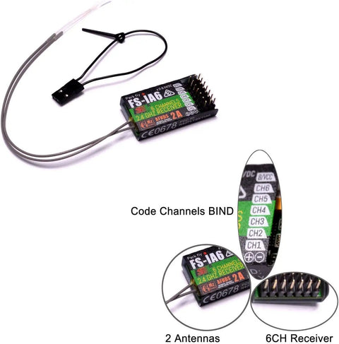 FS IA6 Receiver for Beefy Rock Solid AFHDS 2A 2.4GHz 6CH RC Transmitter with dual antennas and channel binding details visible.