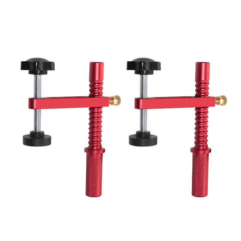 Fast Release Aluminum Dog Clamps for Workbench Pro Grade Hold Down Accessories, red with black knobs, set of two.