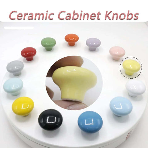 Light Yellow Ceramic Cabinet Knobs And 32 Millimeter Round Drawer Pulls Featuring A Knockout Matte Finish And Dang Easy Hardware Setup For Kitchen Cupboards And Vanities Snagged In A Ten Pack Bundle displayed with other ceramic knobs.