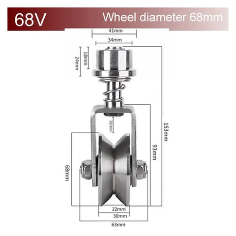 Built Tough 304 Stainless Steel Sliding Gate Caster Wheel Featuring Spring Shock Absorption Universal Rotating V Groove Pulley with dimensions shown.
