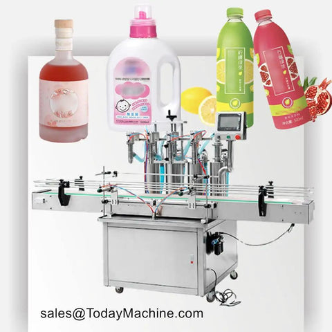 Automatic Dual Nozzle Liquid Filling Machine For Soap Detergent And Water Top Tier Setup showing bottles and machine setup.