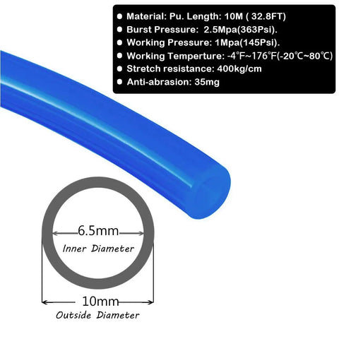 Blue PU Pneumatic Tubing 10mm OD By 6.5mm ID Air Compressor Hose specifications and cross-section diagram.