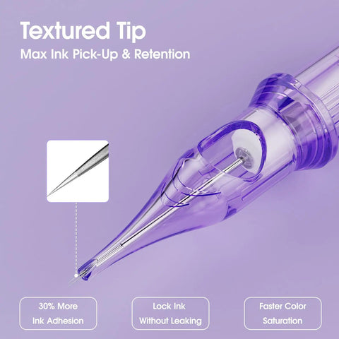 Pro2 Tattoo Needle Cartridges With Textured Pin Tech For Slick Ink Flow Control 20 Pack Round Liner Membrane Disposable Cartridges Model 1203RL X Compatible With All Cartridge Grips, purple tip