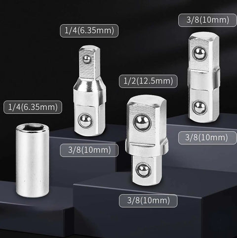 Offset Extension Wrench Set With Zero Degree Swing Arc For Maximum Access, Heavy Duty High Carbon Impact Tool Built For Automotive, HVAC And Industrial Machinery, Includes One Quarter Inch, Three Eighths Inch And One Half Inch Drives showing 1/4, 3/8, 1/2 drive adapters
