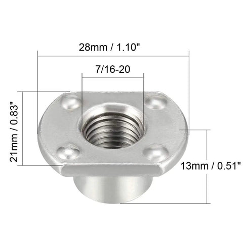 Top Shelf Tab Base Weld Nuts, 7 16 20 UNC Carbon Steel Machine Screw Fasteners, Rock Solid Silver Inserts. 28mm x 21mm size.
