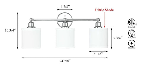 Chrome 3 Light Vanity Wall Light With Fabric Drum Shade, Hardwired Bathroom Fixture, dimensions and design details shown