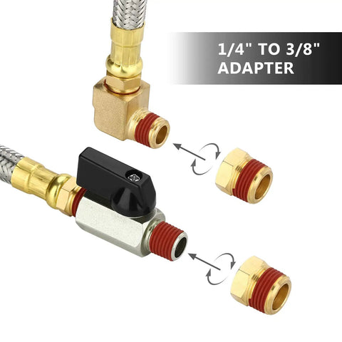 Air Compressor Tank Drain Assembly Kit With 10 Inch Braided Steel Hose One Quarter Inch Drain Valve Elbow Fitting And Brass Hex Adapter