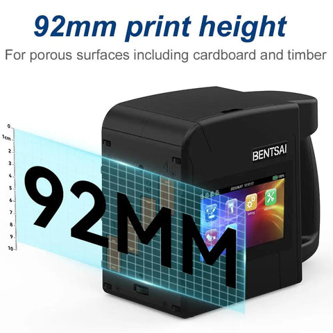Heavy Duty Handheld Industrial Inkjet Printer To Handle Hella Wide Format Coding On Just About Any Surface With A Killer Four Inch Print Height For Dead Simple Batch Codes Barcodes And Serious Variable Data Magic showing 92mm print height for cardboard and timber.