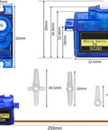 SG90 Micro Servo Motors Pack 10 For Arduino RC Projects And Tiny Robots dimensions and components overview with blue casing